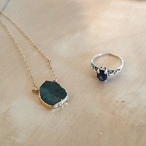 Jewelry Lot - Raw Sapphire Sterling Silver Ring and Emerald Gold Necklace